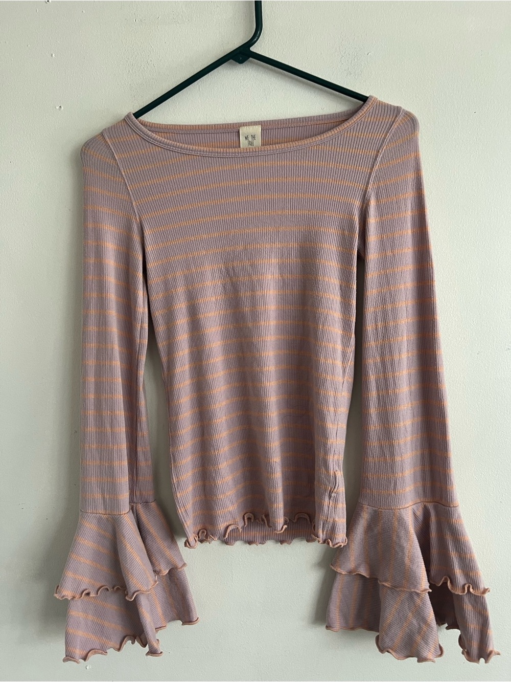 We The Free Lavender and Peach Striped Ruffle Bell-Sleeve Top